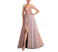 yhfshop Damen Abendkleider Elegant,Sexy Party-Abendkleid mit geteiltem V-Ausschnitt und Perlen,Gray pink,US12,Elegant Frauen Bodenlang Abendkleider