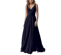 yhfshop Damen Brautjungfernkleider Lang,Kleid aus Chiffon mit doppelter Schulter und V-Ausschnitt, A-Linien-Partykleid-Dark Blue_42,Formellen Abendkleid Ballkleid