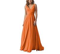 yhfshop Damen Festliche Kleider Maxi Hochzeit,Kleid aus Chiffon mit doppelter Schulter und V-Ausschnitt, A-Linien-Partykleid-Orange B_48,Damen Abendkleider Lang