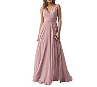 yhfshop Damen Festliche Kleider Maxi Hochzeit,Kleid aus Chiffon mit doppelter Schulter und V-Ausschnitt, A-Linien-Partykleid-Gray pink_36,Damen Abendkleider Lang