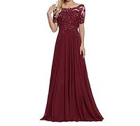 yhfshop Damen Festliche Kleider Maxi Hochzeit,Schulter-Kurzarm-Partykleid mit Spitzenapplikationen-Rotwein_44(US14W),Damen Abendkleider Lang