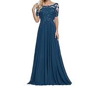 yhfshop Damen Festliche Kleider Maxi Hochzeit,Schulter-Kurzarm-Partykleid mit Spitzenapplikationen-Tinte-Blaue Farbe_48,Damen Abendkleider Lang