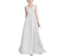 yhfshop Damen Festliche Kleider Maxi Hochzeit,V-Ausschnitt Chiffon Party Abendkleid A Line,White,46,Damen Abendkleider Lang