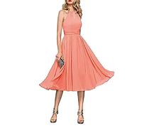 yhfshop Damen Knielang Kleid Kleider,Unterhalb des Knies Chiffon-Partykleid in A-Linie,Coral red,US12,Festliches Ballkleid Brautjungfernkleider