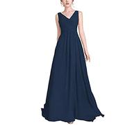 Yhfshop Damen V-Ausschnitt Chiffon Party Abendkleid A-Linie, Navy, 52, Hochzeit Kleider Elegant Lang