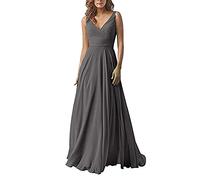 yhfshop Elegant Party Cocktailkleid,Kleid aus Chiffon mit doppelter Schulter und V-Ausschnitt, A-Linien-Partykleid-Iron Gray_46,Damen Brautjungfernkleider
