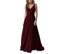 yhfshop Elegant Party Cocktailkleid,Kleid aus Chiffon mit doppelter Schulter und V-Ausschnitt, A-Linien-Partykleid-Red Wine_34,Damen Brautjungfernkleider