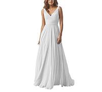 yhfshop Elegant Party Damen Brautjungfernkleider,Kleid aus Chiffon mit doppelter Schulter und V-Ausschnitt, A-Linien-Partykleid-White_44,Lange Abendkleid mit