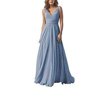 yhfshop Elegant Party Damen Brautjungfernkleider,Kleid aus Chiffon mit doppelter Schulter und V-Ausschnitt, A-Linien-Partykleid-Gray Blue_46,Lange Abendkleid mit