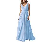 yhfshop Elegant Party Damen Brautjungfernkleider,Kleid aus Chiffon mit doppelter Schulter und V-Ausschnitt, A-Linien-Partykleid-Light Blue E_38,Lange Abendkleid mit