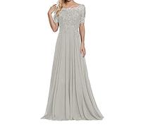 yhfshop Elegant Party Damen Brautjungfernkleider,Schulter-Kurzarm-Partykleid mit Spitzenapplikationen-Silber-_46,Lange Abendkleid mit