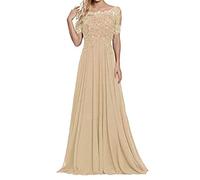 yhfshop Elegant Party Damen Brautjungfernkleider,Schulter-Kurzarm-Partykleid mit Spitzenapplikationen-Champagner_36,Lange Abendkleid mit
