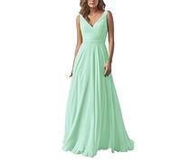 yhfshop Formellen Abendkleid Festkleider,Kleid aus Chiffon mit doppelter Schulter und V-Ausschnitt, A-Linien-Partykleid-Fruit Green A_38,Lang Brautjungfer Kleider