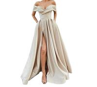 yhfshop Formellen Abendkleid Festkleider,Satin Ballkleider mit Beinschlitz V-Ausschnitt bodenlang,Light Champagne,US14,Lang Brautjungfer Kleider