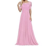 yhfshop Hochzeit Ballkleider,Schulter-Kurzarm-Partykleid mit Spitzenapplikationen-Rosa_40,Damen Abendkleid Frau Brautjungfernkleid