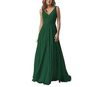 yhfshop Lang Ballkleid Brautkleid,Kleid aus Chiffon mit doppelter Schulter und V-Ausschnitt, A-Linien-Partykleid-Jade Green_44,Abendkleid Cocktailkleid Lang
