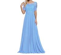 yhfshop Lang Ballkleid Brautkleid,Schulter-Kurzarm-Partykleid mit Spitzenapplikationen-Himmelblau_44,Abendkleid Cocktailkleid Lang