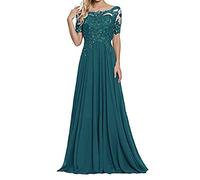 yhfshop Lang Ballkleid Brautkleid,Schulter-Kurzarm-Partykleid mit Spitzenapplikationen-Malachitgrün_56,Abendkleid Cocktailkleid Lang