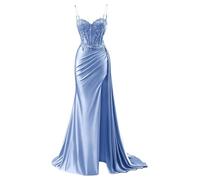 YIANN Abiballkleid für Frauen, Satin, V-Ausschnitt, Meerjungfrau-Stil, formales Abendkleid mit Schlitz, Dusty Blau, 36