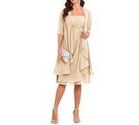 YIANN Champagne 2-teilig Mutter des Bräutigams Strandhochzeitskleid mit Jacke in Teelänge, halblangärmelig, Chiffon-Rüsche für Damen UK12
