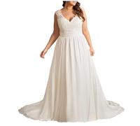 YIANN Chiffon-Brautkleid in Übergröße mit Spitzenapplikation, A-Linie, V-Ausschnitt, Brautkleid, weiß, 48 Plus