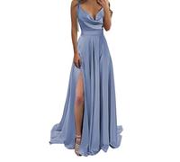 YIANN Damen Ballkleid mit Wasserfallausschnitt, Satin, mit Schlitz, ärmellos, formelles Abendkleid, langes Brautjungfernkleid, dusty blue, 32