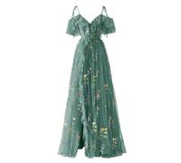 YIANN Damen-Kleid mit Blumenstickerei, Tüll, lang, Spaghettiträger, V-Ausschnitt, formelle Abendveranstaltung, Partykleid, pfau, 38