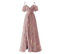 YIANN Damen-Kleid mit Blumenstickerei, Tüll, lang, Spaghettiträger, V-Ausschnitt, formelle Abendveranstaltung, Partykleid, Dusty Rose, 40