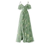 YIANN Damen-Kleid mit Blumenstickerei, Tüll, lang, Spaghettiträger, V-Ausschnitt, formelle Abendveranstaltung, Partykleid, salbeigrün, 36