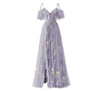 YIANN Damen-Kleid mit Blumenstickerei, Tüll, lang, Spaghettiträger, V-Ausschnitt, formelle Abendveranstaltung, Partykleid, violett, 38