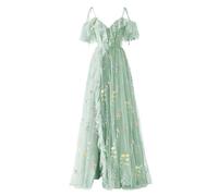 YIANN Damen-Kleid mit Blumenstickerei, Tüll, lang, Spaghettiträger, V-Ausschnitt, formelle Abendveranstaltung, Partykleid, mintgrün, 38