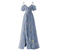 YIANN Damen-Kleid mit Blumenstickerei, Tüll, lang, Spaghettiträger, V-Ausschnitt, formelle Abendveranstaltung, Partykleid, dusty blue, 44