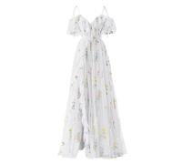 YIANN Damen-Kleid mit Blumenstickerei, Tüll, lang, Spaghettiträger, V-Ausschnitt, formelle Abendveranstaltung, Partykleid, weiß, 48