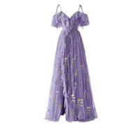 YIANN Damen-Kleid mit Blumenstickerei, Tüll, lang, Spaghettiträger, V-Ausschnitt, formelle Abendveranstaltung, Partykleid, lavendel, 58 Plus