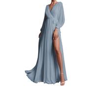YIANN Damen Langarm Brautjungfernkleider mit Schlitz Plissee A-Linie Chiffon Formelles Abendkleid Partykleid, dusty blue, 38