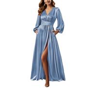 YIANN Damen Satin Brautjungfernkleider mit Taschen Schlitz Plissee Langarm formelles Abendkleid, dusty blue, 40