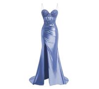 YIANN Damen Spaghettiträger Ballkleider mit Schlitz Spitze Applique Meerjungfrau formelles Abendkleid, dusty blue, 36