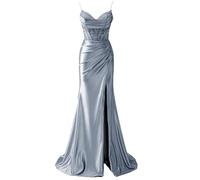 YIANN Damen Spaghettiträger Satin Ballkleider mit Schlitz Spitze Applique Meerjungfrau Langes Ballkleid Formelles Kleid, dusty blue, 36