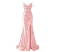 YIANN Damen Spaghettiträger Satin Ballkleider mit Schlitz Spitze Applique Meerjungfrau Langes Ballkleid Formelles Kleid, Blush Pink, 38
