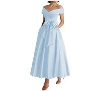 YIANN Damenkleid für die Brautmutter mit Taschen, schulterfrei, Satin, formelles Abendkleid, Partykleid, hellblau, 38