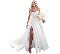 YIANN Elegantes Satin-Brautkleid für Braut, trägerlos, lang, Brautkleid, Verlobung, Partykleid mit Schlitz, weiß, 40