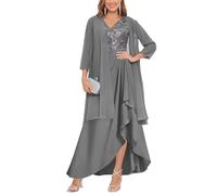 YIANN Klassisches Chiffon-Kleid für die Brautmutter mit Jacke, V-Ausschnitt, lang, formelles Abendkleid, Partykleid, grau, 48