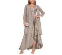 YIANN Klassisches Chiffon-Kleid für die Brautmutter mit Jacke, V-Ausschnitt, lang, formelles Abendkleid, Partykleid, taupe, 48
