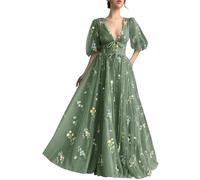 YIANN Langes Ballkleid mit Puffärmeln für Teenager, V-Ausschnitt, hohe Taille, A-Linie, Blumenstickerei, Tüllkleid für Damen, salbeigrün, 50 Plus