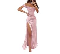 YIANN Schulterfreies Ballkleid für Damen, langes Ballkleid mit Schlitz, ärmellos, Satin, Brautjungfernkleid, Blush Pink, 32