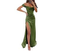 YIANN Schulterfreies Ballkleid für Damen, langes Ballkleid mit Schlitz, ärmellos, Satin, Brautjungfernkleid, olivgrün, 38