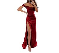 YIANN Schulterfreies Ballkleid für Damen, langes Ballkleid mit Schlitz, ärmellos, Satin, Brautjungfernkleid, burgunderfarben, 36