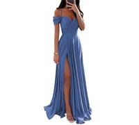 YIANN Schulterfreies Satin-Brautjungfernkleid für Damen, mit Schlitz, plissiert, A-Linie, formelles Ballkleid, dusty blue, 42