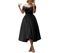 YIANN Schulterfreies Satinkleid für Damen, plissiert, A-Linie, Tee-Länge, Brautjungfernkleid, Abendkleid, Schwarz , 50 Plus