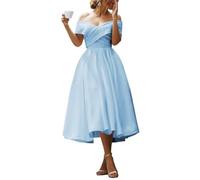 YIANN Schulterfreies Satinkleid für Damen, plissiert, A-Linie, Tee-Länge, Brautjungfernkleid, Abendkleid, hellblau, 50 Plus